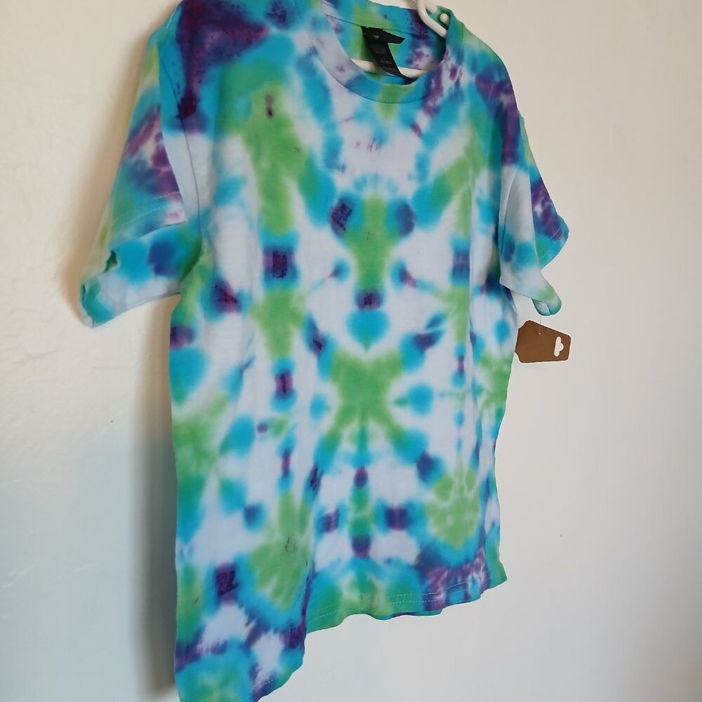 Tie Dye T-Shirt with Groovy Pattern in Indigo Green Blue Short Sleeve Kids Small - Picture 4 of 16